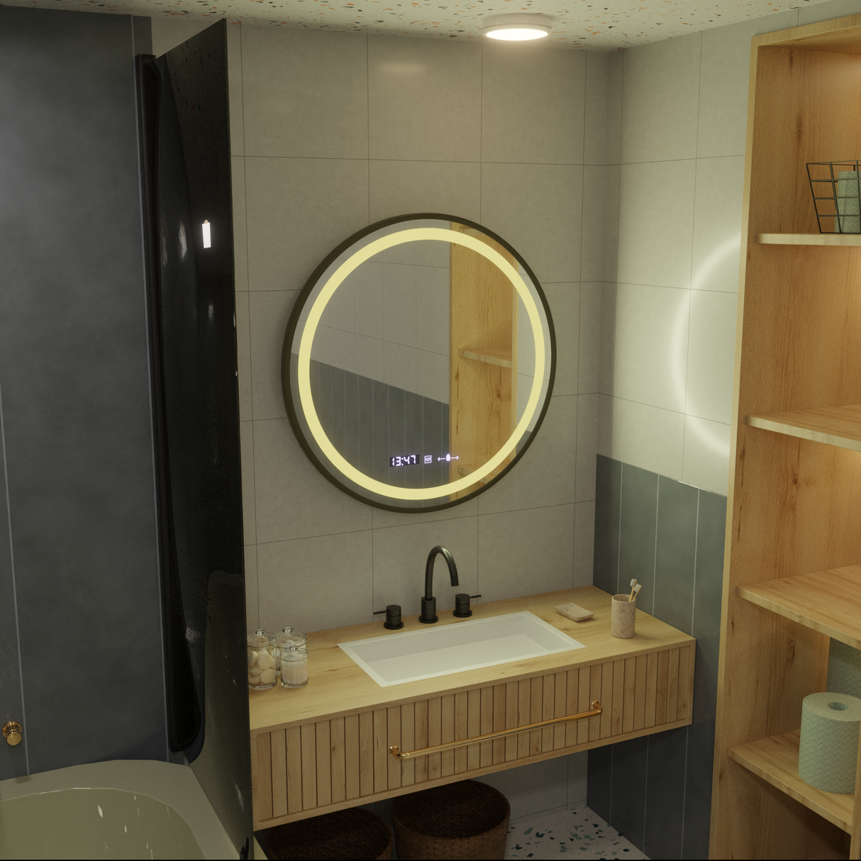 Oglinda Led Rotunda, 60Cm, Celeste Majeste Noir Motionglow Marcello, Sistem Dezaburire, Ceas & Termometru - vivimall.ro