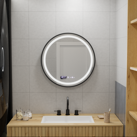 Oglinda Led Rotunda, 60Cm, Celeste Majeste Noir Motionglow Marcello, Sistem Dezaburire, Ceas & Termometru - vivimall.ro