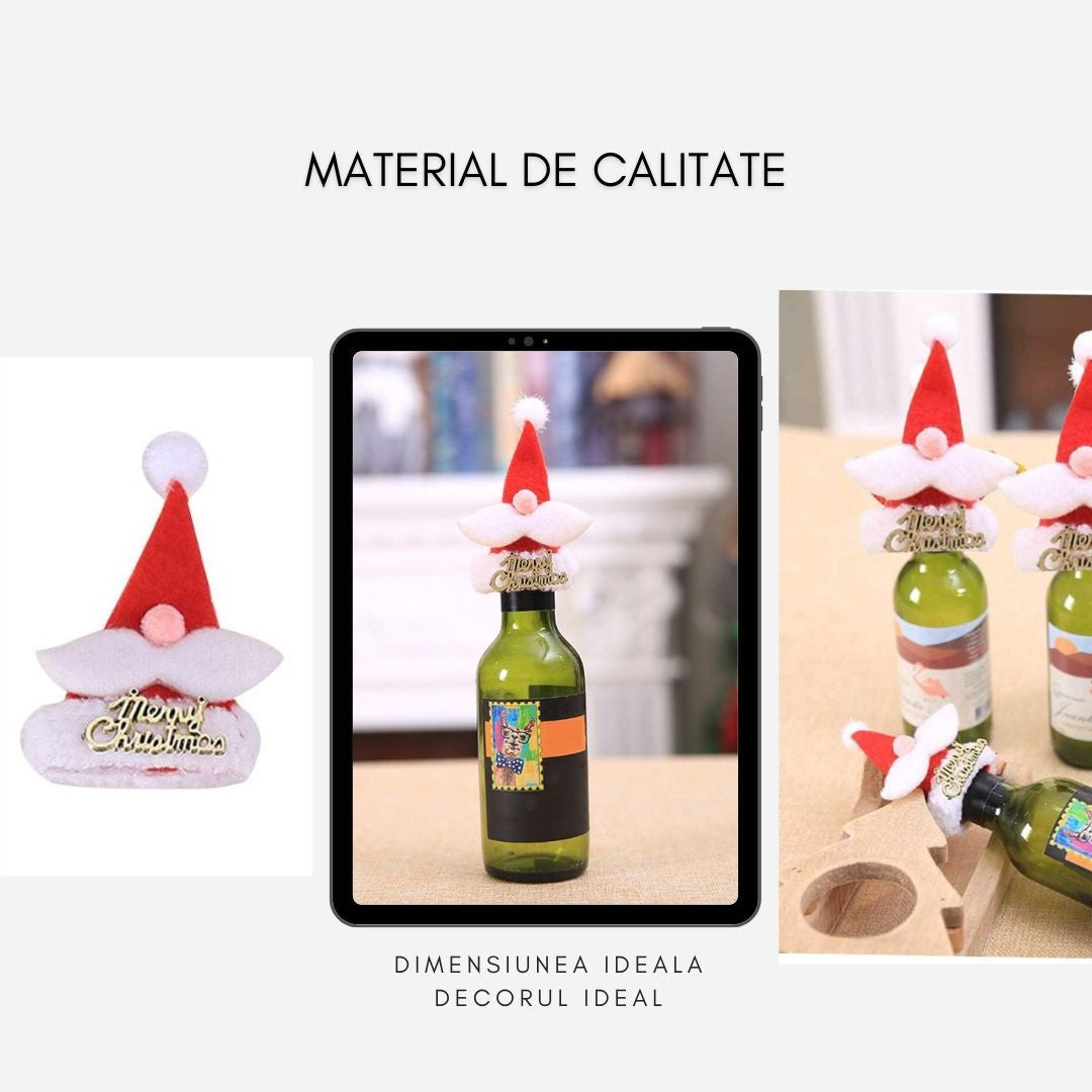 Accesoriu decorativ pentru sticlele de vin, tematica Craciun, caciulita Merry Christmas, material textil/poliester, rosu
