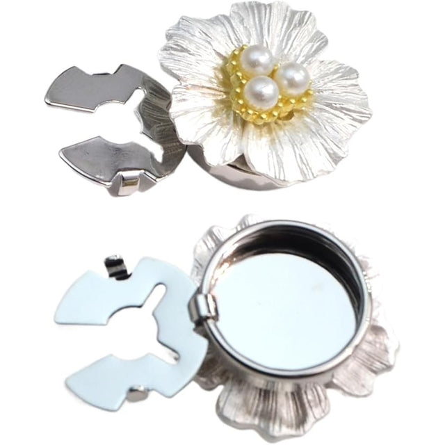 Nasturi decorativi model Floare cu Perle din metal argintiu, vedere frontală, dimensiuni 2.5 x 1.7 cm