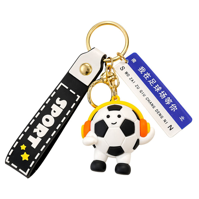 Breloc chei Flippy model minge de fotbal cu căști, material acril negru, 50 g, vedere frontală