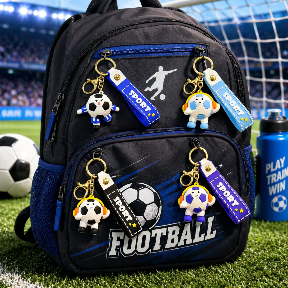 Breloc chei Flippy fotbal negru, utilizare cadou pentru copii și fani fotbal, imagine produs complet