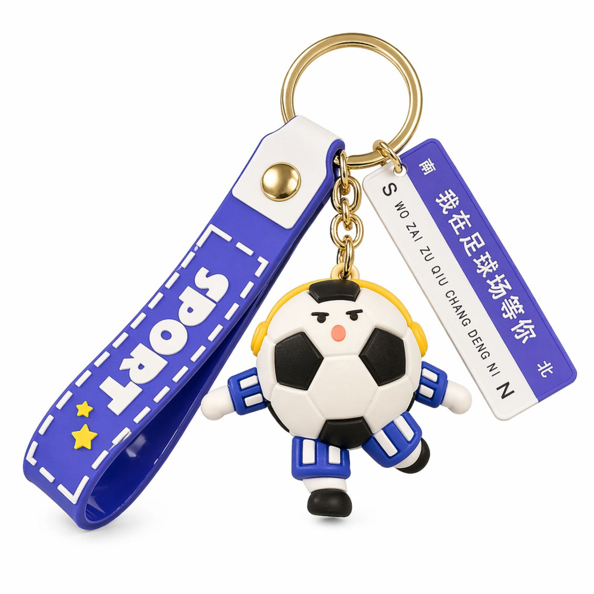 Breloc Flippy minge de fotbal cu căști, material acril albastru, 50 g, vedere frontală