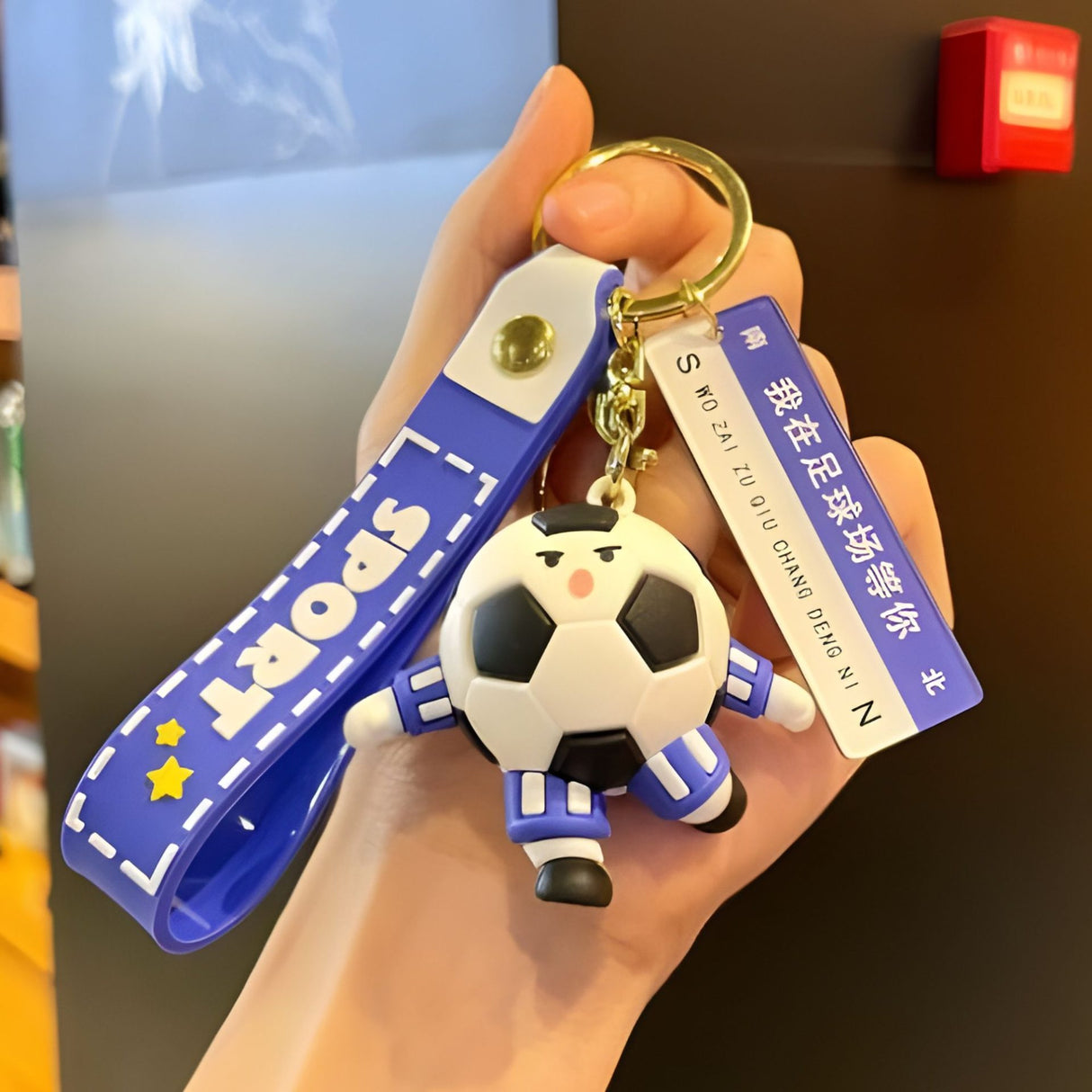 Detaliu mesaj decorativ breloc Flippy fotbal – Te aștept pe terenul de fotbal, acril albastru