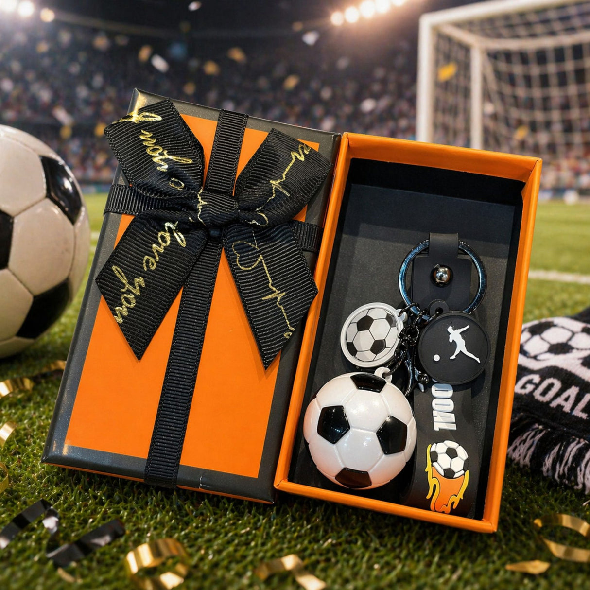 Breloc Flippy minge fotbal în cutie cadou, accesoriu pentru chei și rucsac, model alb-negru