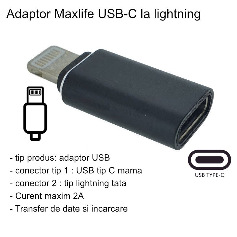 Adaptor USB-C mamă la Lightning tată negru cu agățătoare breloc, vedere frontală