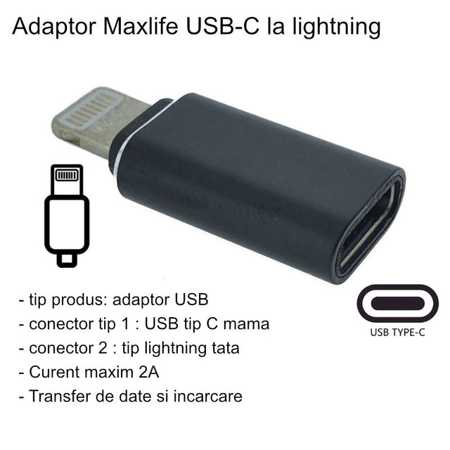Adaptor USB-C mamă la Lightning tată negru cu agățătoare breloc, vedere frontală