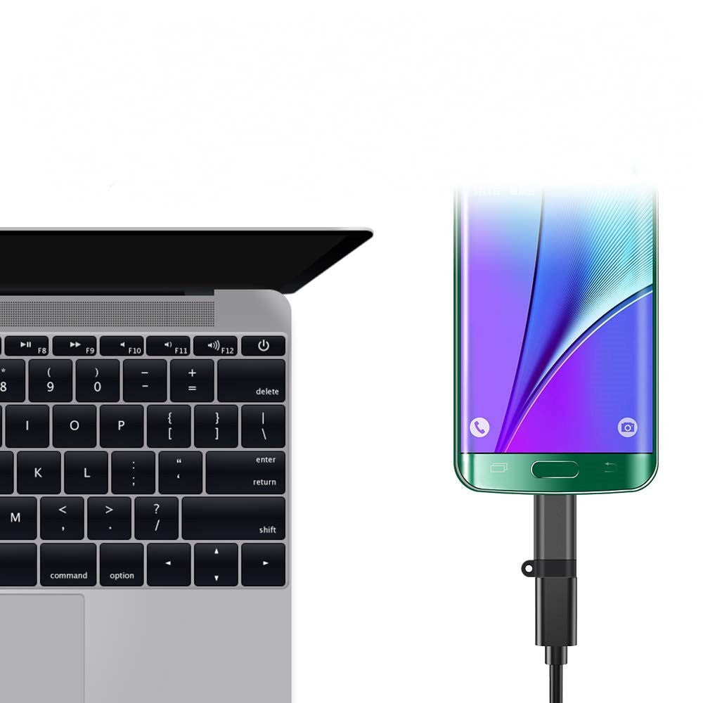 Adaptor micro USB la USB-C cu agățătoare breloc inclusă, detaliu agățătoare neagră