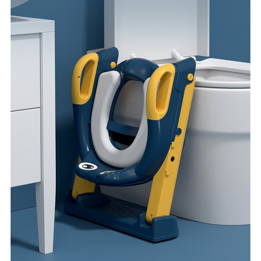 Reductor Si Scaunel Inaltator Wc, Pentru Copii 1 - 7 Ani, 2 Trepte Reglabile, Pliabil, Colac Moale, Cu Spatar Si Manere, Inaltime 54/58 Cm X 39.5 X 35 Cm, Din Plastic+Pvc, Albastru/Portocaliu - vivimall.ro