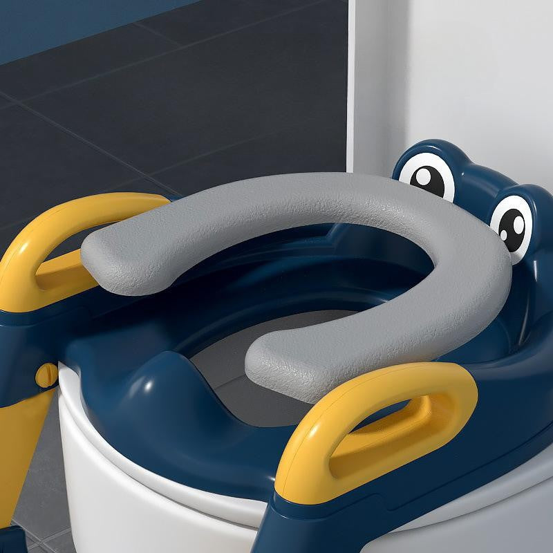 Reductor si Scaunel Inaltator WC, Vivimall, pentru Copii 1 - 7 Ani, 2 Trepte Reglabile, Pliabil, Colac Moale, cu Spatar si Manere, Inaltime 54/58 cm x 39.5 x 35 cm, din Plastic+PVC, Albastru/Portocaliu - vivimall.ro