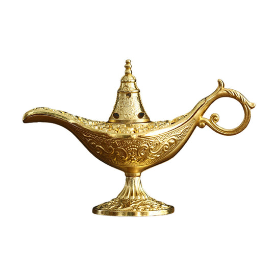 Arzator Tamaie, Flipppy, Model Lampa Aladin, Aliaj, Dimensiune Mica, cu Maner si Capac, Lampa Decorativa Vintage, 3.2 x 9 x 6 cm, Auriu - vivimall.ro