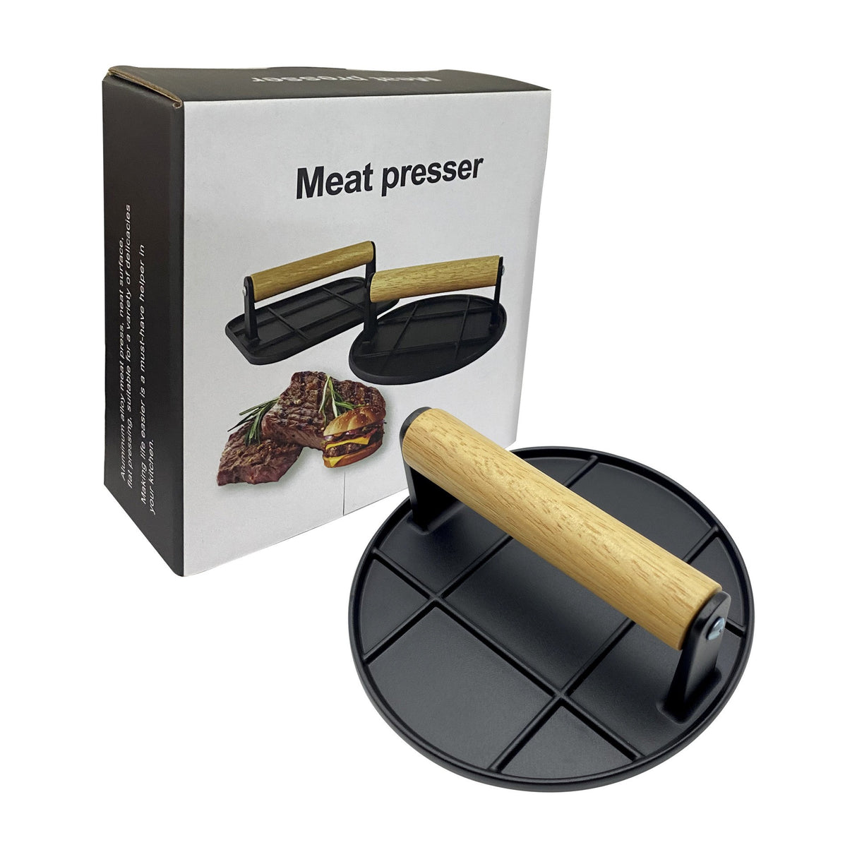 Presa Manuala pentru Carne, Vivimall, din Aliaj de Aluminiu, Maner din Lemn, Presa pentru Burgeri, Usor de Curatat si Folosit, Rotunda, 16x16x6 cm, Neagra - vivimall.ro
