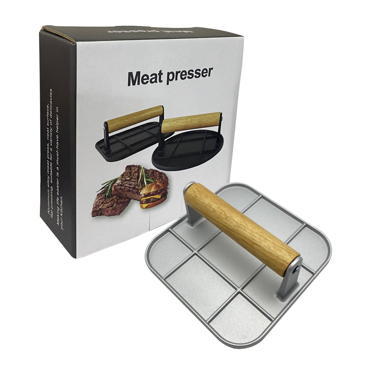 Presa Manuala Pentru Carne, Din Aliaj De Aluminiu, Maner Din Lemn, Presa Pentru Burgeri, Usor De Curatat Si Folosit, Patrata, 16X16X6 Cm, Gri - vivimall.ro