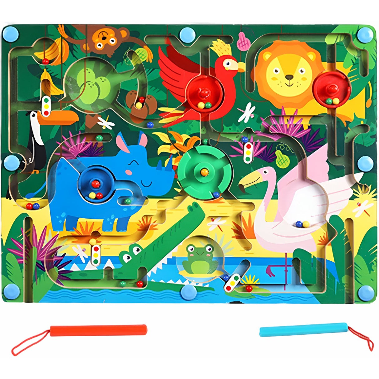 Joc Montessori De Sortare Culori, Creion Magnetic, Tip Labirint Ilustrat, Din Lemn, Model Animale Satice
