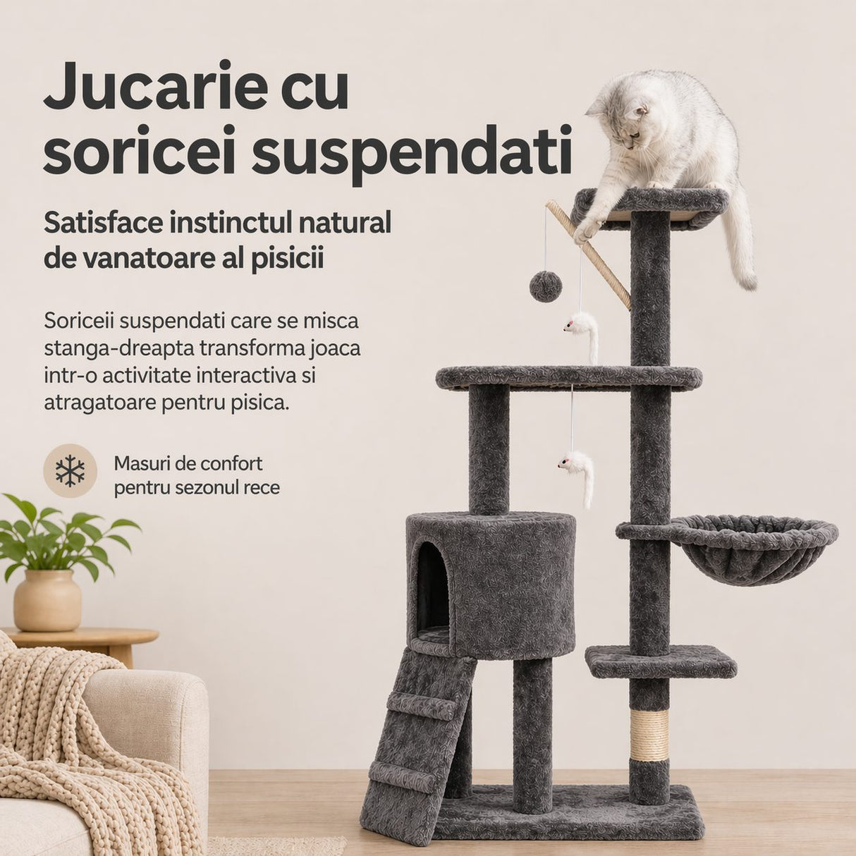 Cușcă și hamac încorporate în ansamblul de joacă Flippy pentru pisici, detaliu nivel superior