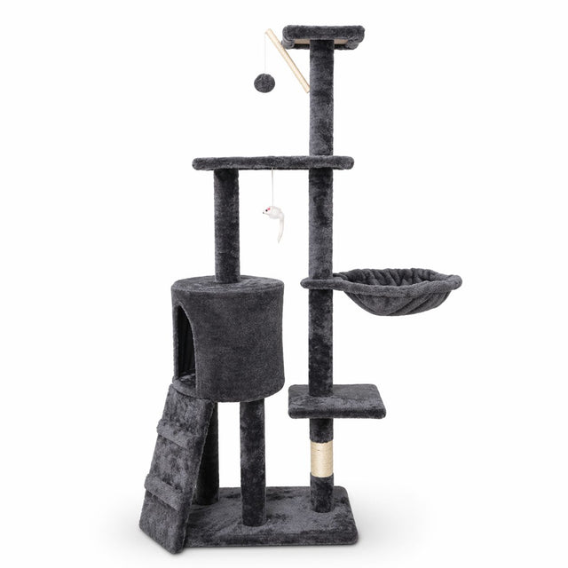 Ansamblu de joacă pentru pisici Flippy, 49x35x135 cm, negru, vedere frontală completă cu toate nivelurile