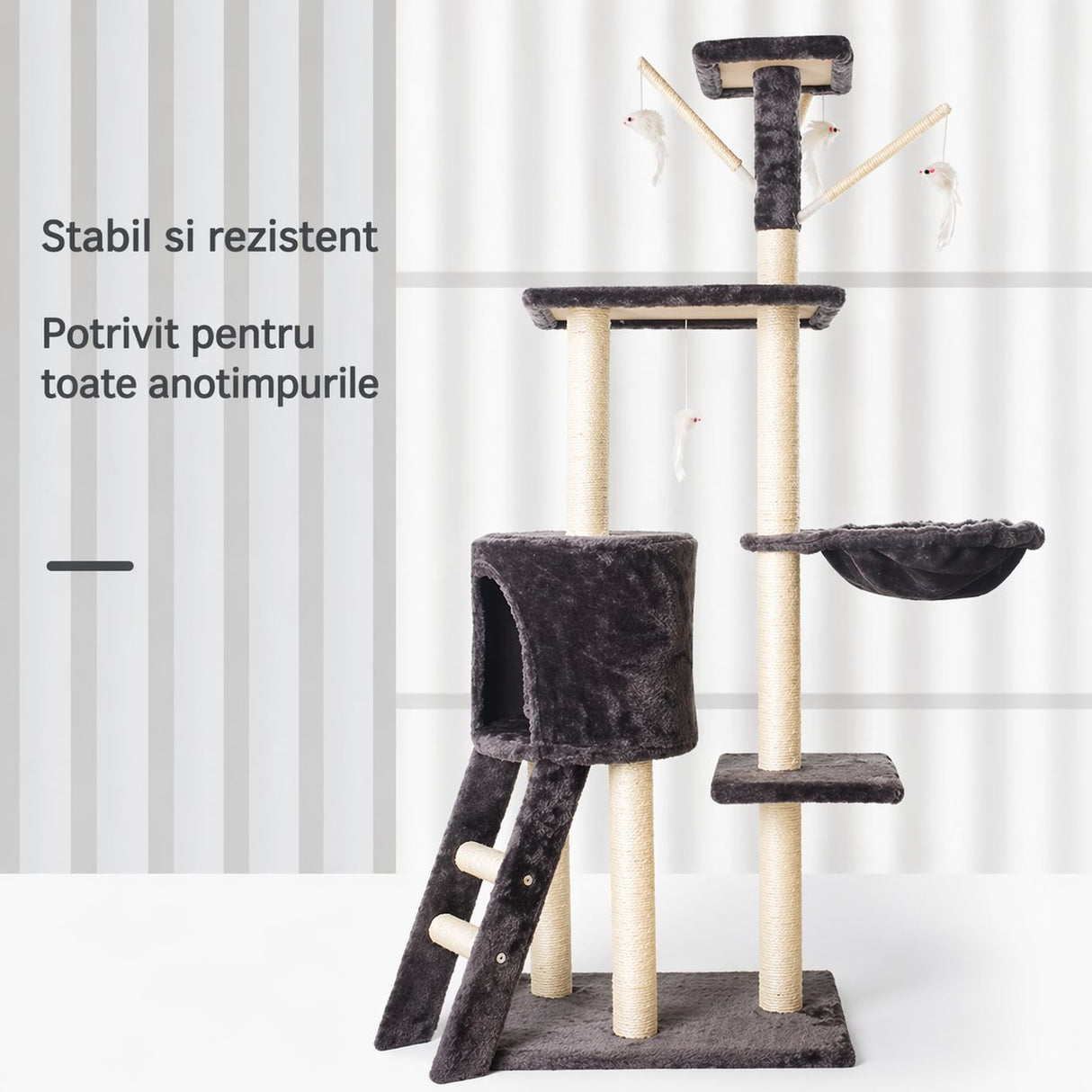Ansamblu de joacă multifuncțional Flippy pentru pisici, 135 cm înălțime, imagine de ansamblu lifestyle