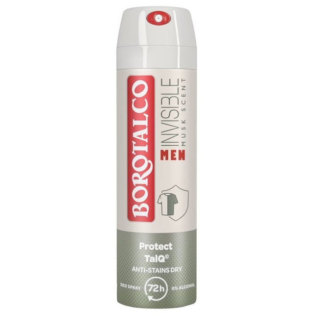 Deodorant antiperspirant Borotalco Men Invisible Musk spray 150 ml, vedere frontală, ambalaj gri-albastru