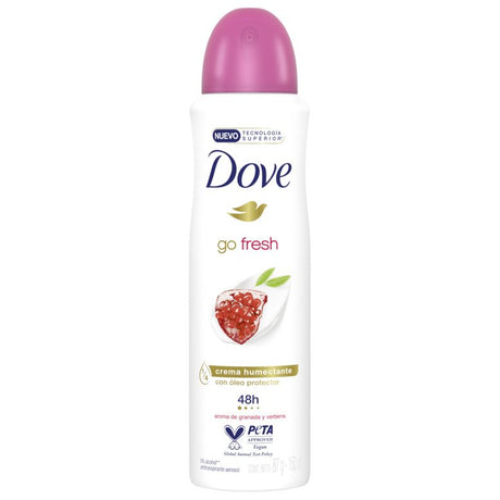 Antiperspirant deodorant spray Dove Go Fresh Rodie și Lămâie, 150 ml, flacon alb cu accente roșii, vedere frontală
