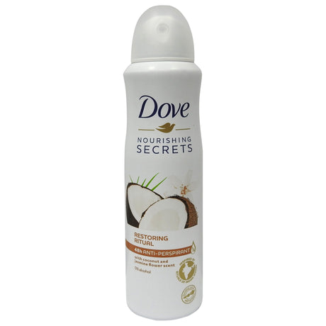 Antiperspirant spray Dove Restoring Ritual Cocos și Iasomie, flacon 150 ml, vedere frontală