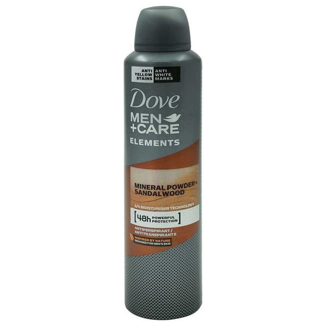 Antiperspirant spray Dove Men Care Mineral Powder Sandalwood 250 ml, vedere frontală, flacon albastru