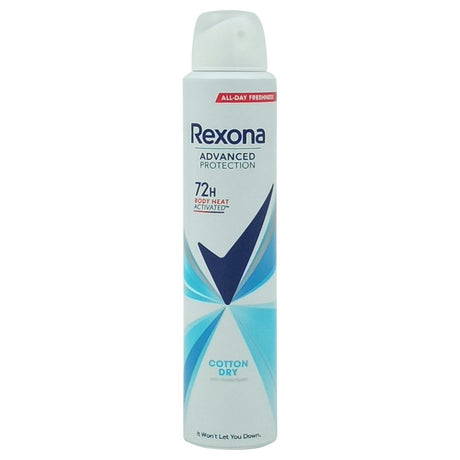Antiperspirant Rexona Cotton Dry Advanced Protection spray 200 ml, vedere frontală, formulă uscată 48 ore