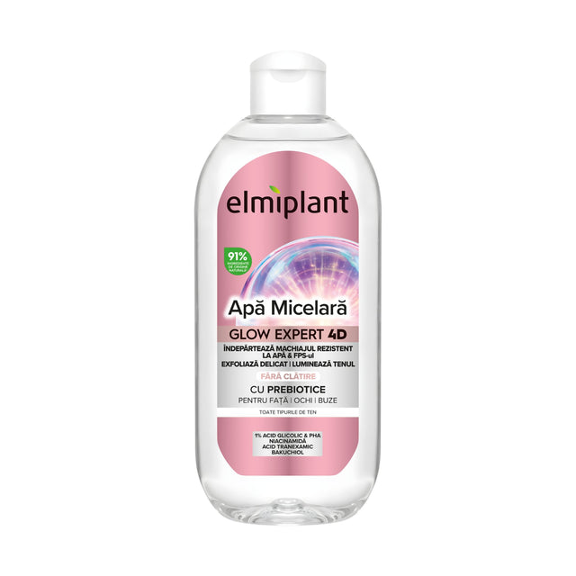 Apa Micelara Iluminatoare, Elmiplant, Glow Expert 4D, Pentru Fata, Ochi si Buze, cu Prebiotice, 400 ml - vivimall.ro