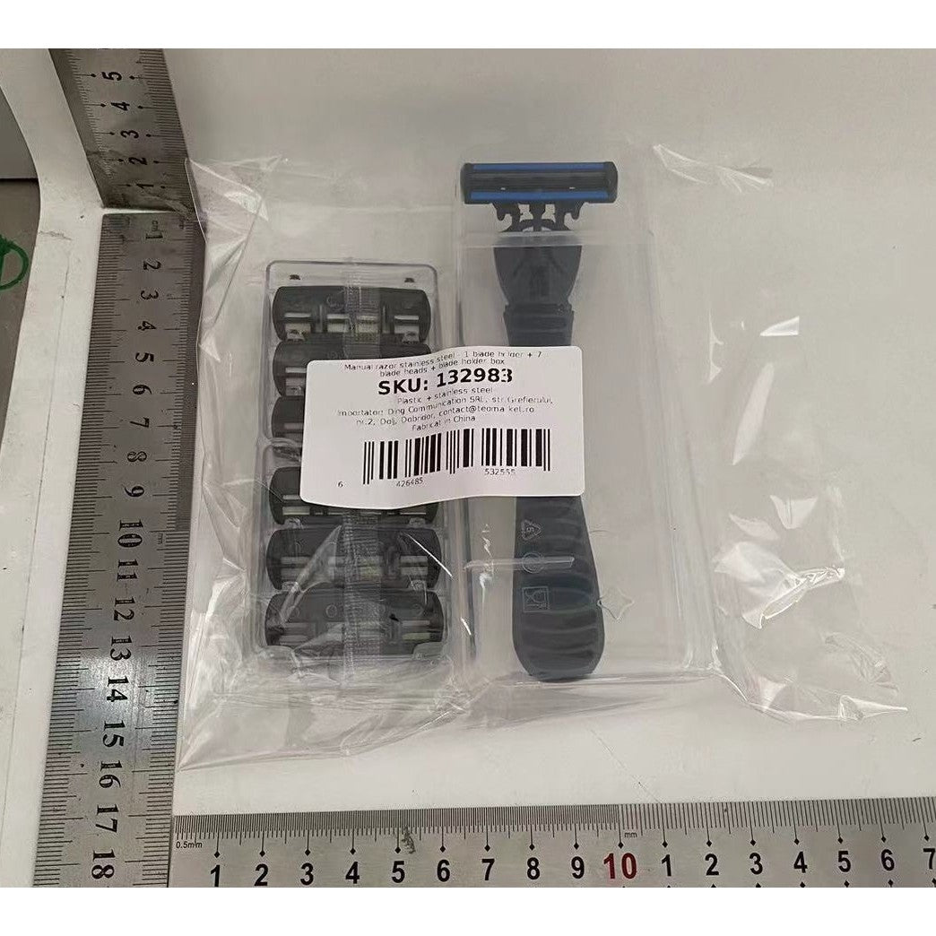 Aparat de Ras Manual, Vivimall, din Otel Inoxidabil, Suport Lama + 7 Capete de Schimb Incluse, Cutie pentru Lame, Negru - vivimall.ro