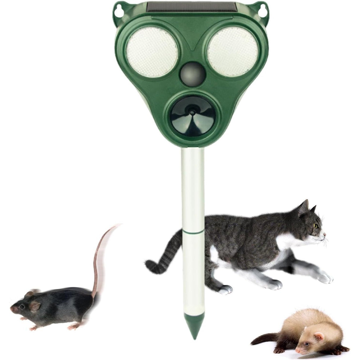 Aparat Solar Led Cu Ultrasunete, Repelent Pentru Animale Mari Si Mici, Lumina Rosie Si Alba, Anti Rozatoare, Anti Insecte, Frecventa 13.5Khz-65 Khz, Senzor Pir, 13 X 14.7 X 24.5 Cm, Verde - vivimall.ro