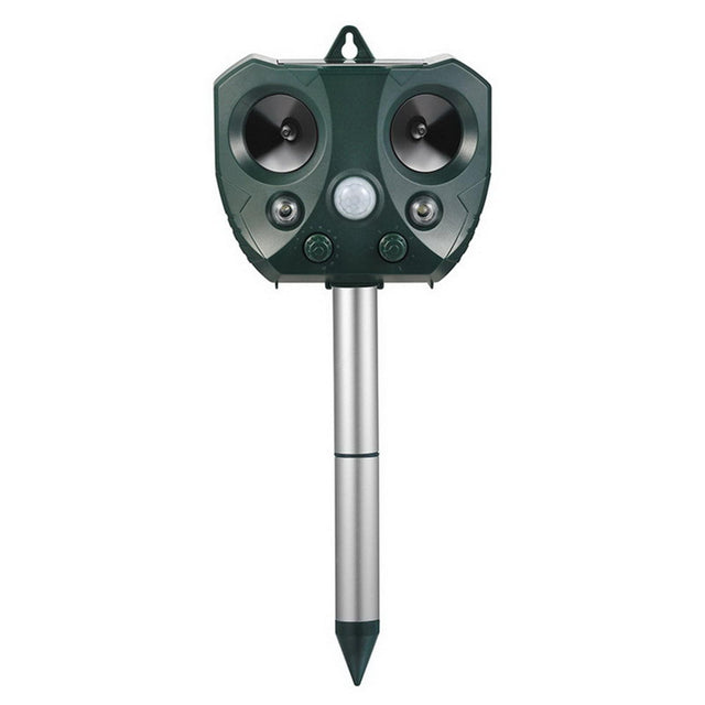 Aparat Solar LED cu Ultrasunete, Vivimall, Repelent pentru Animale Mari si Mici, Lumina Rosie si Alba, Anti Rozatoare, Anti Insecte, 15 x 14 x 24 cm, Verde - vivimall.ro