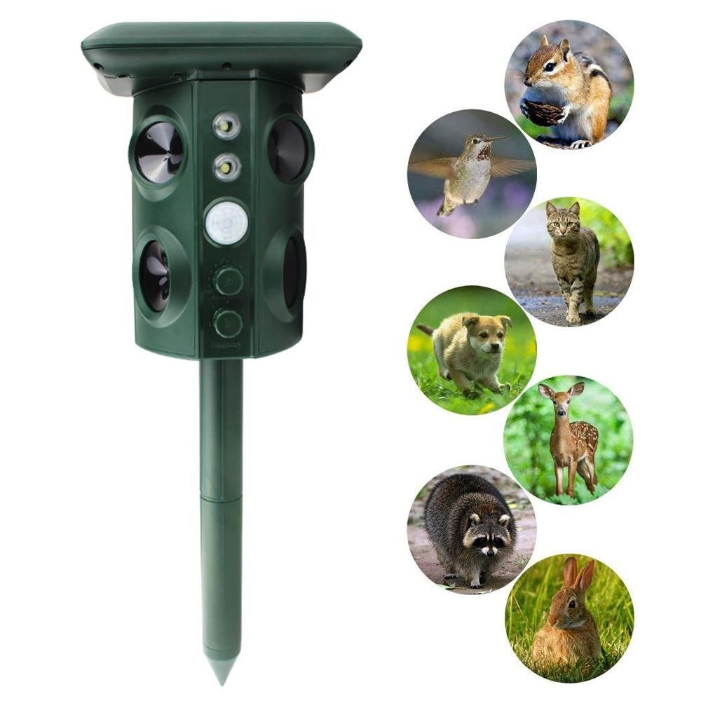 Aparat Solar Led Cu Ultrasunete, Repelent Pentru Animale Mari Si Mici, Lumina Rosie Si Alba, Anti Rozatoare, Anti Insecte, Frecventa 13.5Khz-45.5Khz, Senzor Pir, 15.5 X 15.4 X 26.2 Cm, Verde - vivimall.ro
