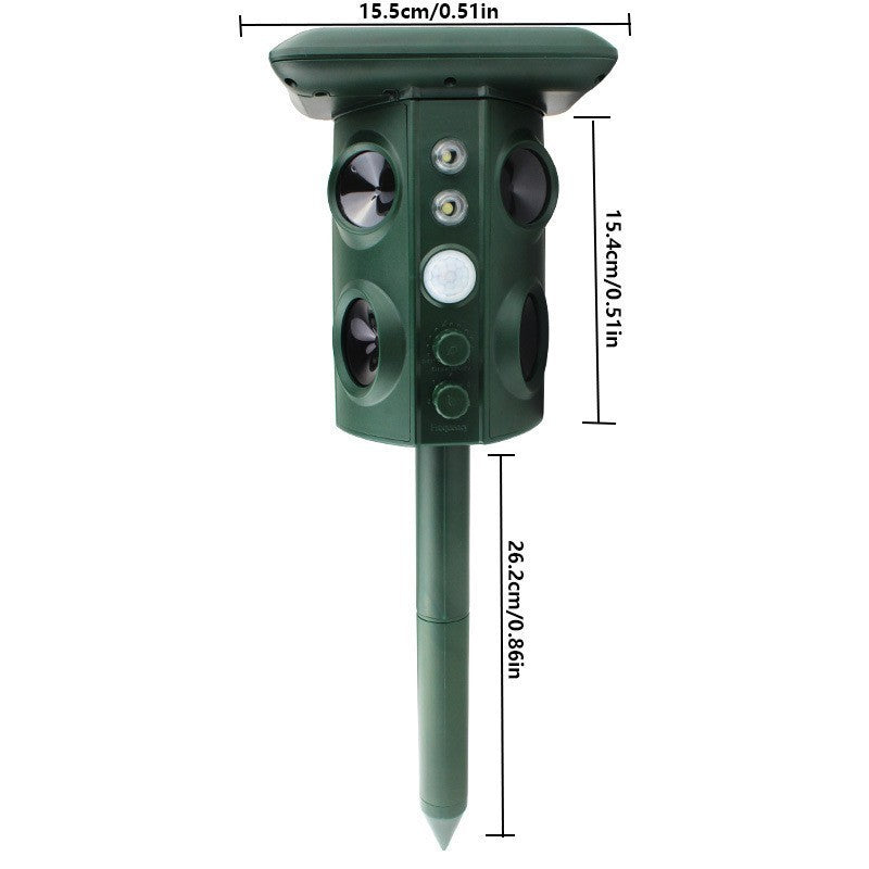 Aparat Solar Led Cu Ultrasunete, Repelent Pentru Animale Mari Si Mici, Lumina Rosie Si Alba, Anti Rozatoare, Anti Insecte, Frecventa 13.5Khz-45.5Khz, Senzor Pir, 15.5 X 15.4 X 26.2 Cm, Verde - vivimall.ro