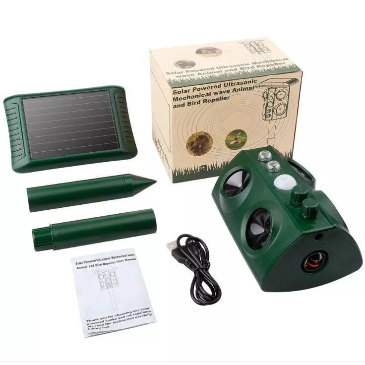 Aparat Solar Led Cu Ultrasunete, Repelent Pentru Animale Mari Si Mici, Lumina Rosie Si Alba, Anti Rozatoare, Anti Insecte, Frecventa 13.5Khz-45.5Khz, Senzor Pir, 15.5 X 15.4 X 26.2 Cm, Verde - vivimall.ro