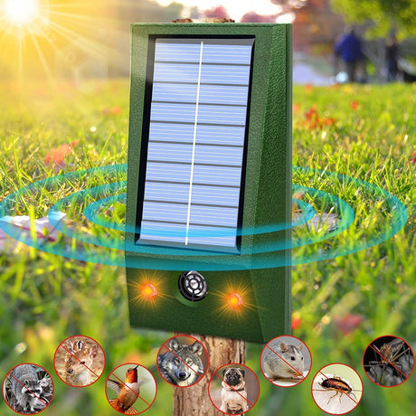 Aparat Solar Led Cu Ultrasunete, Repelent Pentru Animale Mari Si Mici, Lumina Rosie Si Alba, Anti Rozatoare, Anti Insecte, Frecventa 9-36.5Khz, 12 X 6.5 Cm, Verde - vivimall.ro