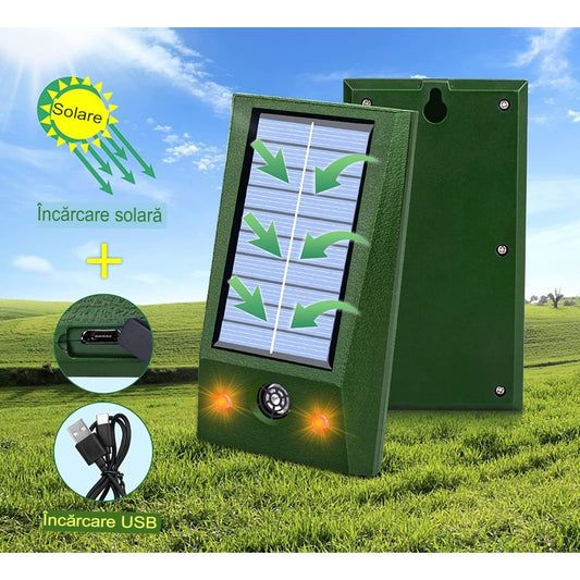 Aparat Solar Led Cu Ultrasunete, Repelent Pentru Animale Mari Si Mici, Lumina Rosie Si Alba, Anti Rozatoare, Anti Insecte, Frecventa 9-36.5Khz, 12 X 6.5 Cm, Verde - vivimall.ro