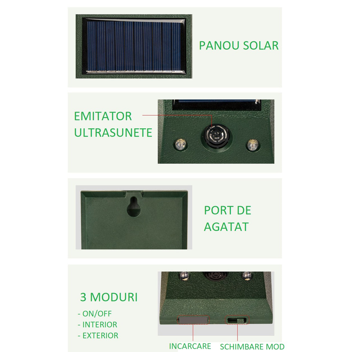 Aparat Solar LED cu Ultrasunete, Flippy, Repelent pentru Animale Mari si Mici, Lumina Rosie si Alba, Anti Rozatoare, Anti Insecte, Frecventa 9-36.5KHZ, 12 X 6.5 cm, Verde