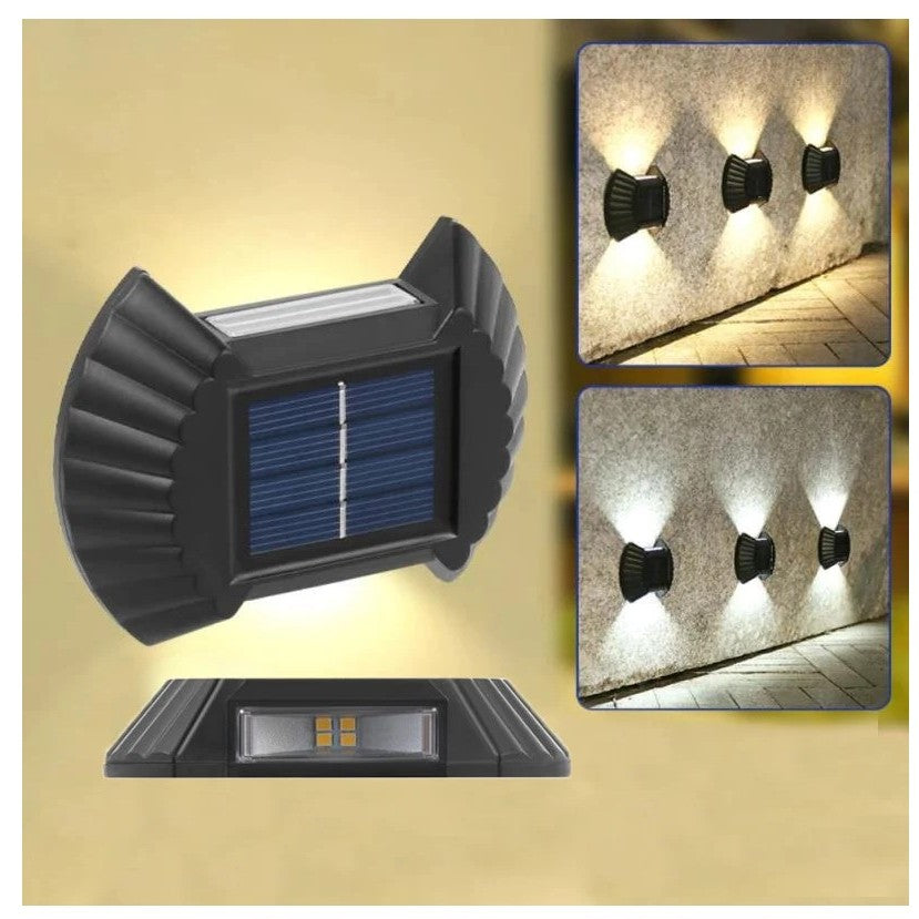 Set 4 Aplica solara LED bidirectionala pentru perete Flippy, in forma de funda, 8 LED-uri, material ABS si PC, lumina puternica, IP65, 10 x 7.5 cm, baterie 1.2 V, 300 mAh, autonomie 8-10 ore, alb rece