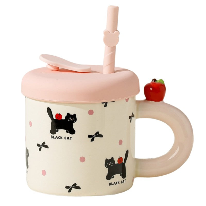 Cana Din Ceramica Cu Capac Si Pai, Capacul Si Paiul Din Silicon Roz, 9X8.5 Cm, Model Cute C, Capacitate 380Ml - vivimall.ro
