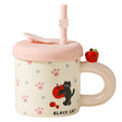 Cana Din Ceramica Cu Capac Si Pai, Capacul Si Paiul Din Silicon Roz, 9X8.5 Cm, Model Cute D, Capacitate 380Ml - vivimall.ro