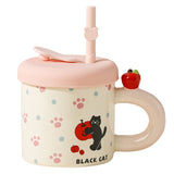 Cana Din Ceramica Cu Capac Si Pai, Capacul Si Paiul Din Silicon Roz, 9X8.5 Cm, Model Cute D, Capacitate 380Ml - vivimall.ro