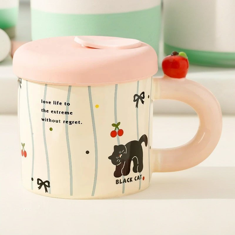 Cana Din Ceramica Cu Capac Si Pai, Capacul Si Paiul Din Silicon Roz, 9X8.5 Cm, Model Cute A, Capacitate 380Ml - vivimall.ro