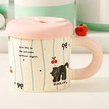 Cana Din Ceramica Cu Capac Si Pai, Capacul Si Paiul Din Silicon Roz, 9X8.5 Cm, Model Cute A, Capacitate 380Ml - vivimall.ro