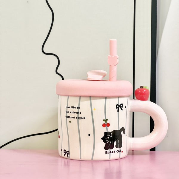 Cana Din Ceramica Cu Capac Si Pai, Capacul Si Paiul Din Silicon Roz, 9X8.5 Cm, Model Cute A, Capacitate 380Ml - vivimall.ro