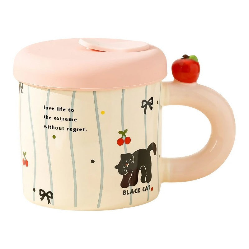 Cana Din Ceramica Cu Capac Si Pai, Capacul Si Paiul Din Silicon Roz, 9X8.5 Cm, Model Cute A, Capacitate 380Ml - vivimall.ro