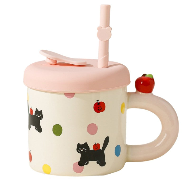 Cana Din Ceramica Cu Capac Si Pai, Capacul Si Paiul Din Silicon Roz, 9X8.5 Cm, Model Cute B, Capacitate 380Ml - vivimall.ro