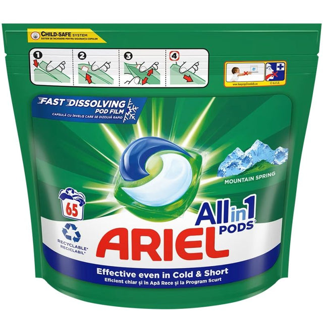 Detergent capsule Ariel Pods All in 1 Mountain Spring, set 65 bucăți, ambalaj oficial cu capac siguranță