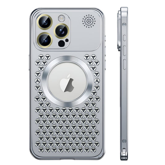 Husa MagSafe Aromaterapia Compatibila cu iPhone 15 Pro, Flippy, Suport Magnetic, Antisoc, Antizgariere, Protectie Camera si Supraincalzire, din Aliaj de Aluminiu, Silver - vivimall.ro