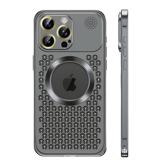 Husa MagSafe Aromaterapia Compatibila cu iPhone 15 Pro, Flippy, Suport Magnetic, Antisoc, Antizgariere, Protectie Camera si Supraincalzire, din Aliaj de Aluminiu, Negru - vivimall.ro