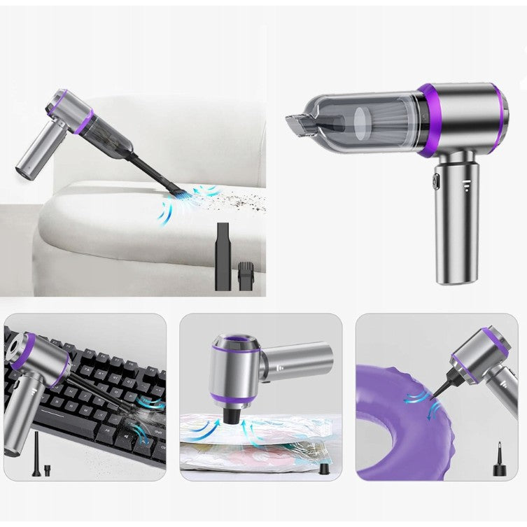 Aspirator Portabil Auto, Vivimall, pentru Casa si Masina, 3 Viteze, Incarcator Tip-C cu Incarcare Rapida, Tub Prelungitor, 2000mAh, 7 Capete de Aspirare si Suflare, 21x20x6.5 cm, Argintiu Mov