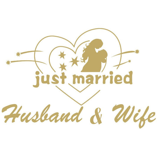 Sticker Autocolant, Vivimall, Tematica Nunta, Model Indragostiti, cu Scris Just Married Husband&Wife, 21x29 cm, Auriu - vivimall.ro